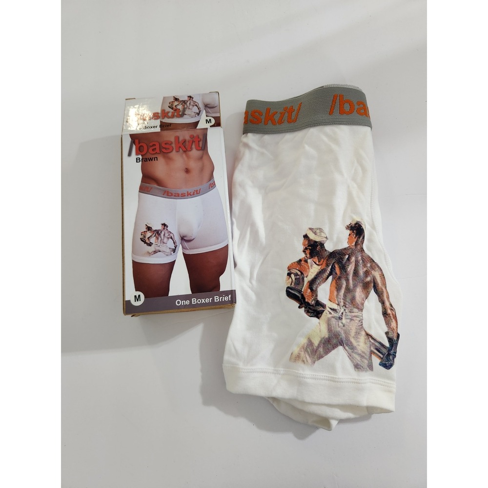 Baskit Boxer Brief White Brawn Graphic Print Mens Size M Vintage‎